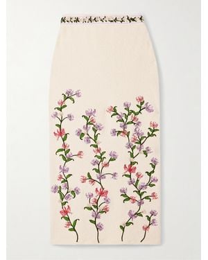 Agua Bendita Chlorella Honeysuckle Appliquéd Embroidered Cotton-Blend Bouclé Midi Skirt - Natural