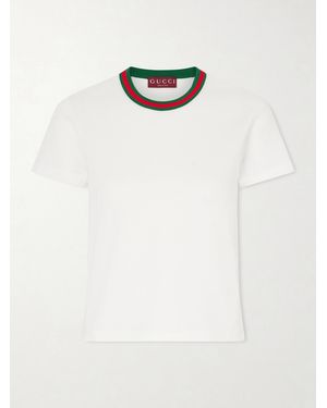 Gucci Cropped Striped Embroidered Cotton-Jersey T-Shirt - White