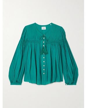 Isabel Marant Abadi Pintucked Smocked Cotton-Blend Voile Blouse - Green