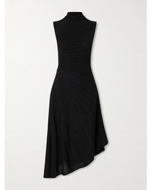 Alaïa Asymmetrisches Midikleid Aus Gerippter Wolle Mit Stehkragen - Schwarz