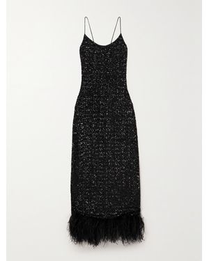 Oséree Feather-Trimmed Sequined Satin Maxi Dress - Black