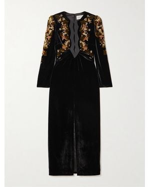 Saloni Jinx C Silk-Trimmed Floral-Print Velvet Midi Dress - Black