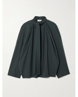 Lemaire Ascot Scarf-Effect Pleated Washed Cotton-Poplin Blouse - Blue