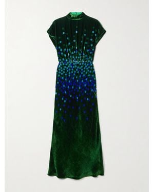 Saloni Fabienne Gathered Printed Velvet Midi Dress - Green