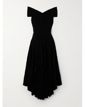 Alaïa Off-The-Shoulder Asymmetric Ribbed Wool Midi Dress - Black