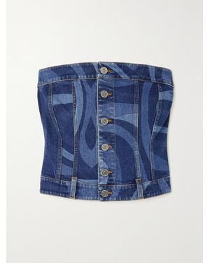 PUCCI Printed Stretch-Denim Bustier Top - Blue