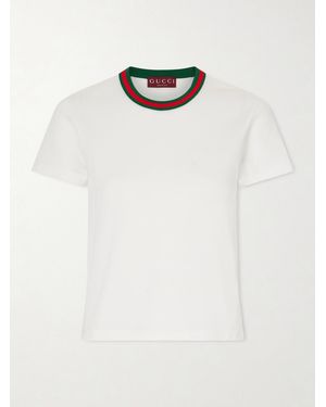 Gucci Cropped Striped Embroidered Cotton-Jersey T-Shirt - White
