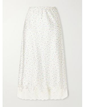 Rabanne Floral-Print Lace-Trimmed Silk-Satin Midi Skirt - White