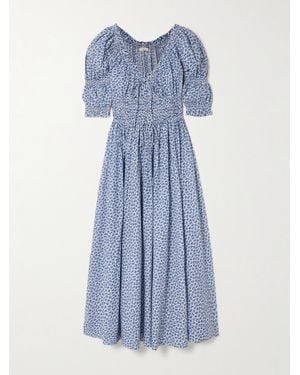 Doen Ischia Shirred Floral-Print Organic Cotton-Voile Midi Dress - Blue