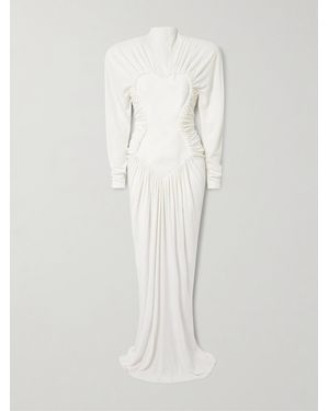 Stella McCartney Mesh-Paneled Ruched Crepe Gown - White