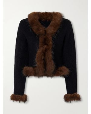 Self-Portrait Plush-Trimmed Knitted Cardigan - Black