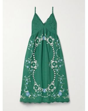 Sea Vesna Lace-Trimmed Broderie Anglaise Cotton And Linen-Blend Midi Dress - Green