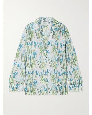 BERNADETTE Louis Embroidered Embellished Silk Pajama Shirt - Blue
