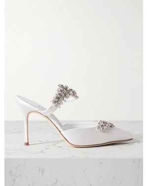 Manolo Blahnik Lurum 90 Mules Aus Satin Mit Kristallen - Weiß