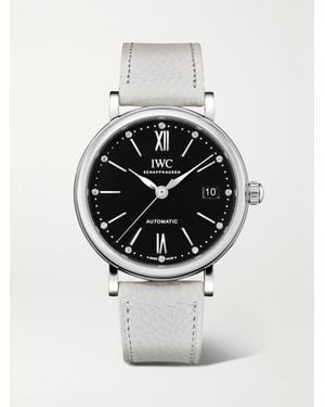 IWC Schaffhausen Portofino Automatic 37 Mm Uhr Aus Edelstahl Mit Diamanten Und Strukturiertem Lederarmband - Grau