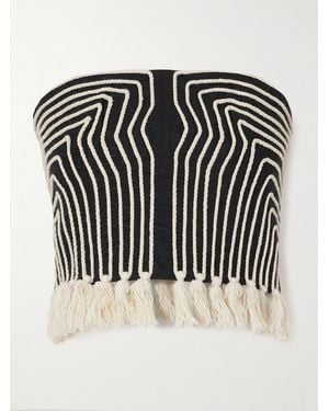 ANDRES OTALORA Escuchas Cropped Strapless Tasselled Embroidered Linen Top - Black