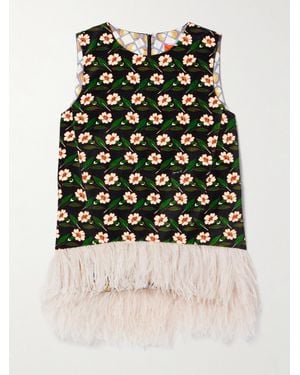 La DoubleJ La Scala Asymmetric Feather-Trimmed Floral-Print Cotton-Velvet Top - Black
