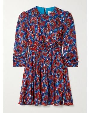 Saloni Blythe-B Minikleid Aus Metallic-Seiden-Georgette Mit Blumenprint Und Knoten - Blau