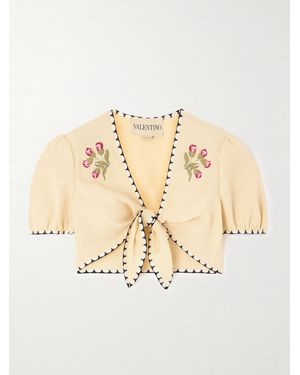 Valentino Cropped Embroidered Polka-Dot Silk-Trimmed Canvas Top - Natural