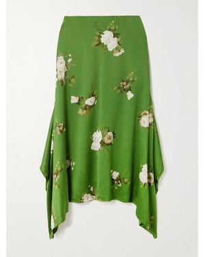 Erdem Draped Floral-Print Crepon Midi Skirt - Green