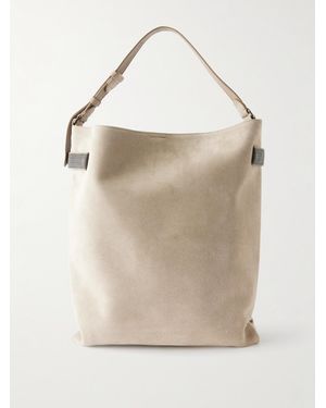 Brunello Cucinelli Bead-Embellished Suede Shoulder Bag - Natural