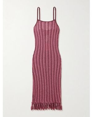 The Elder Statesman Fringed Striped Open-Knit Cotton Midi Dress - Red