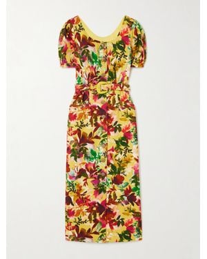 Saloni Blanca Belted Embellished Floral-Print Cotton-Dupioni Midi Dress - White