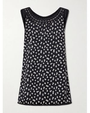 Posse Danielle Floral-Print Lace-Trimmed Cotton Mini Dress - Black