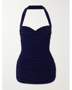 Norma Kamali Bill Mio Ruched Halterneck Swimsuit - Blau