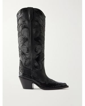 Paris Texas Tucson 60 Embroidered Snake-Effect Trimmed Leather Knee Boots - Black
