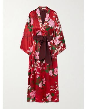 Olivia Von Halle Queenie Belted Floral-Print Silk-Satin Robe - Red