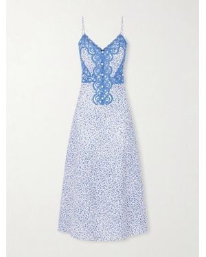 Loretta Caponi Palmira Floral-Print Lace-Trimmed Cotton Maxi Dress - Blue
