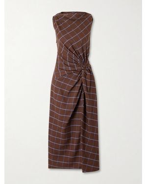 La Ligne Knotted Checked Cotton-Flannel Midi Dress - Brown
