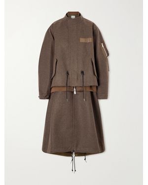Sacai Shell-Trimmed Wool-Flannel Coat - Brown