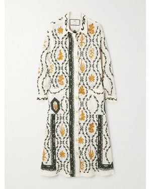 Agua Bendita Net Sustain Frida Embellished Embroidered Linen Maxi Shirt Dress - White