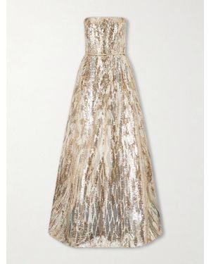 Elie Saab Strapless Belted Sequin-Embellished Tulle Gown - White