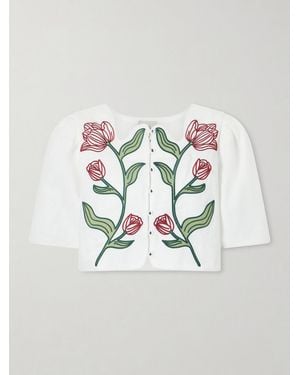 FARM Rio Floral-Embroidered Cropped Linen Top - Natural