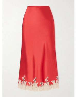 Kiki de Montparnasse Orchid Lace-Trimmed Silk-Satin Midi Skirt - Red