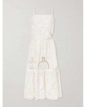 Miguelina Esme Belted Guipure Lace-Trimmed Cotton-Blend Midi Dress - White