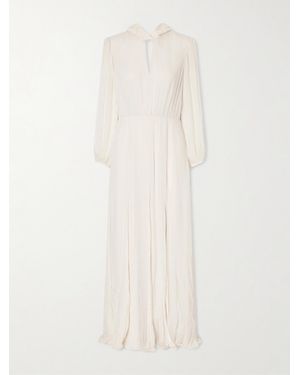 Saloni Floral-Print Silk-Crepon Gown - White