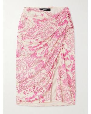 Versace Wrap-Effect Draped Printed Silk-Satin Skirt - Pink
