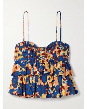 Ulla Johnson Lucia Ruffled Embellished Printed Cotton-Poplin Top - Blue