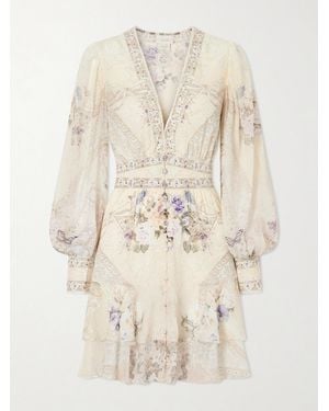CAMILLA Printed Embellished Silk-Chiffon Midi Dress - Natural
