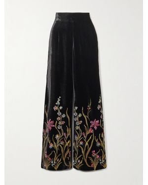 Loretta Caponi Cipro Embroidered Velvet Straight-Leg Pants - Black