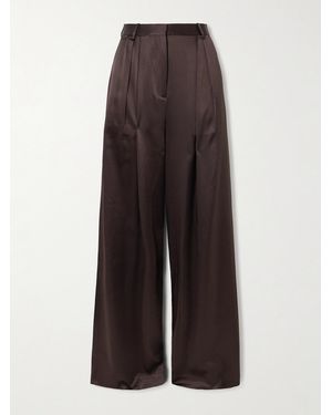 ÉTERNE Josephine Pleated Stretch-Silk Satin Straight-Leg Pants - Brown