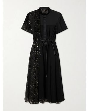 Sacai Belted Polka-Dot Chiffon And Satin Midi Dress - Black