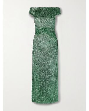 Erdem Off-The-Shoulder Draped Embellished Tulle Midi Dress - Green