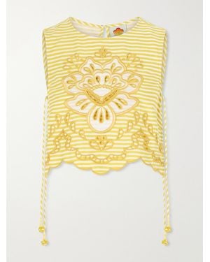 FARM Rio Cropped Striped Broderie Anglaise-Trimmed Linen-Blend Tank - Yellow