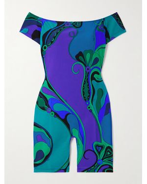 PUCCI Orchidee Off-The-Shoulder Printed Satin-Jersey Playsuit - Blue