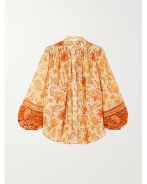 Zimmermann Junie Gathered Embellished Floral-Print Ramie Blouse - Orange